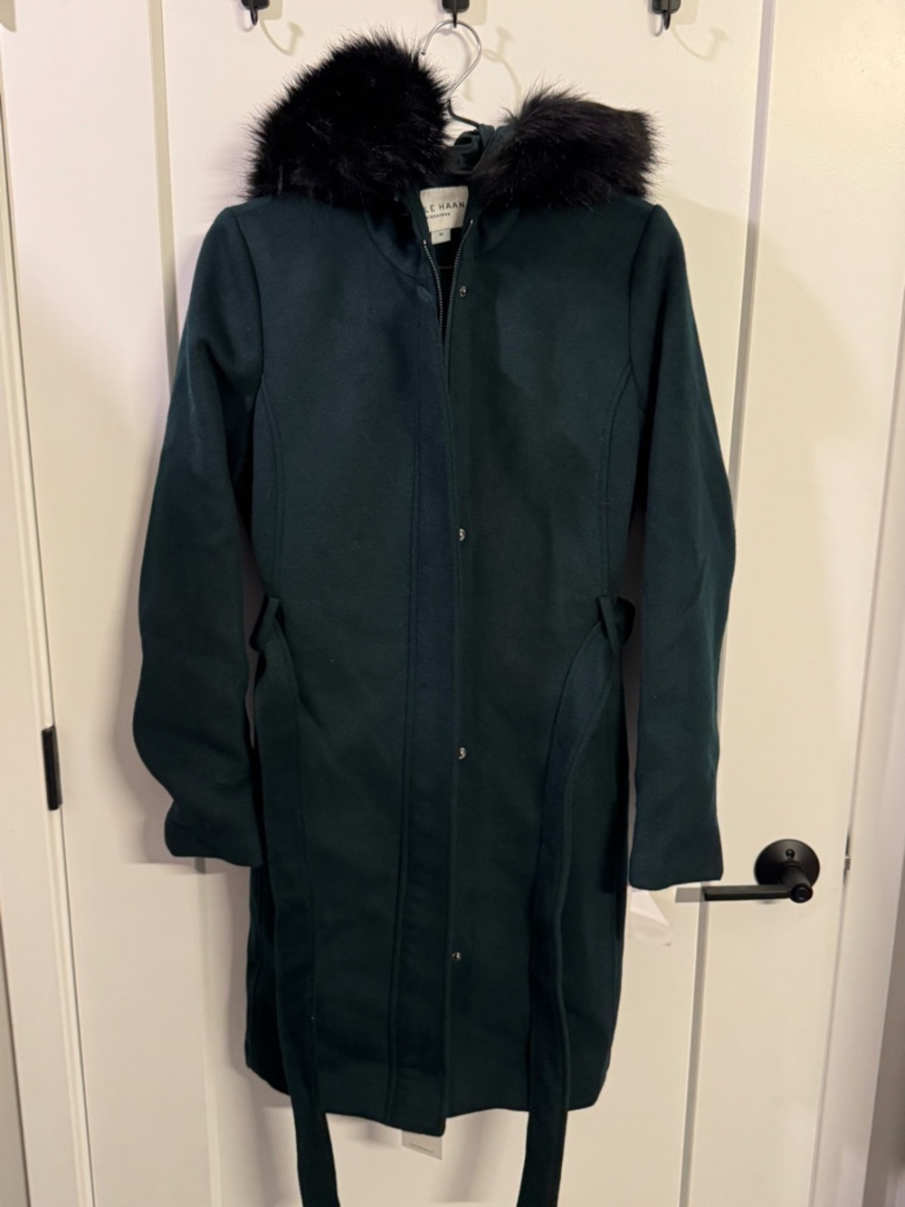 Cole Haan Dark Forest Green Wool Blend Coat with Black Faux Fur Hood
